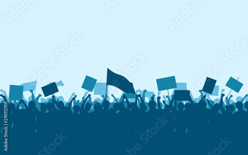 Silhouette group of people Raised Fist and Protest Signs in flat icon design with blue color sky background photo