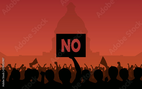 Silhouette group of people Raised Fist and Protest Signs and flag at Capitol building with red color sky background