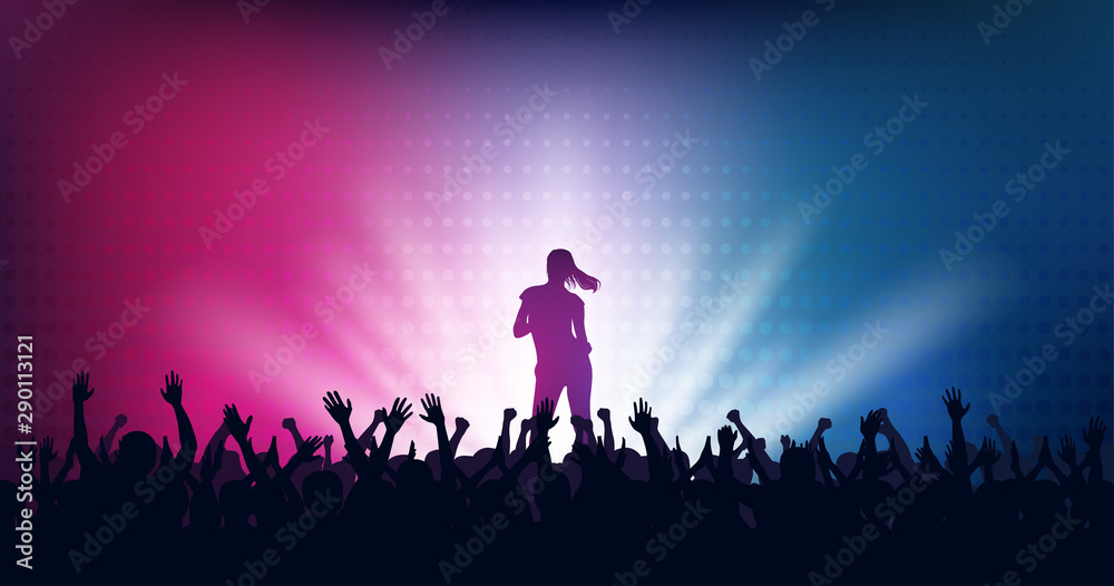 Silhouette of people raise hand up in concert with woman singer on stage and digital dot pattern on blue red color background Silhouette of people raise hand up in concert with woman singer on stage and digital dot pattern on blue red color background