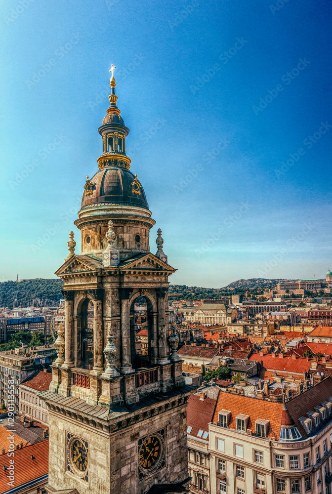 Bell tower of St. Stephen's Basilica and panorama of Budapest, aerial view