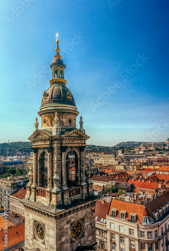 Bell tower of St. Stephen's Basilica and panorama of Budapest, aerial view