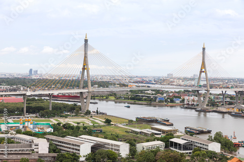 Bangkok  THAILAND 23- AUG  2019  scenic of panorama view on river and Rama 9 Bridge.  Bangkok Thailand