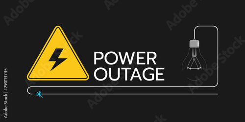 The banner of a power cut with a warning sign and a bulb these are on the solid black background.