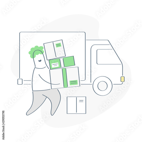 Mover or loader worker helps with shipment, home moving and package delivery cardboard boxes loading them into a truck. Flat outline vector on white background.