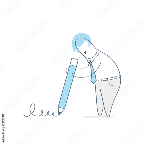 Signing document, writing text, lettering. Cartoon businessman holds a big pencil and puts his signature, make notes, writing review. Flat outline vector illustration on white.