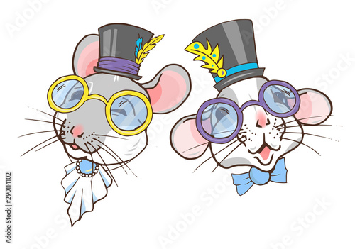 Rats, symbol of the year 2020 according to the Chinese calendar, portraits of rats in top hats and glasses, vector illustration