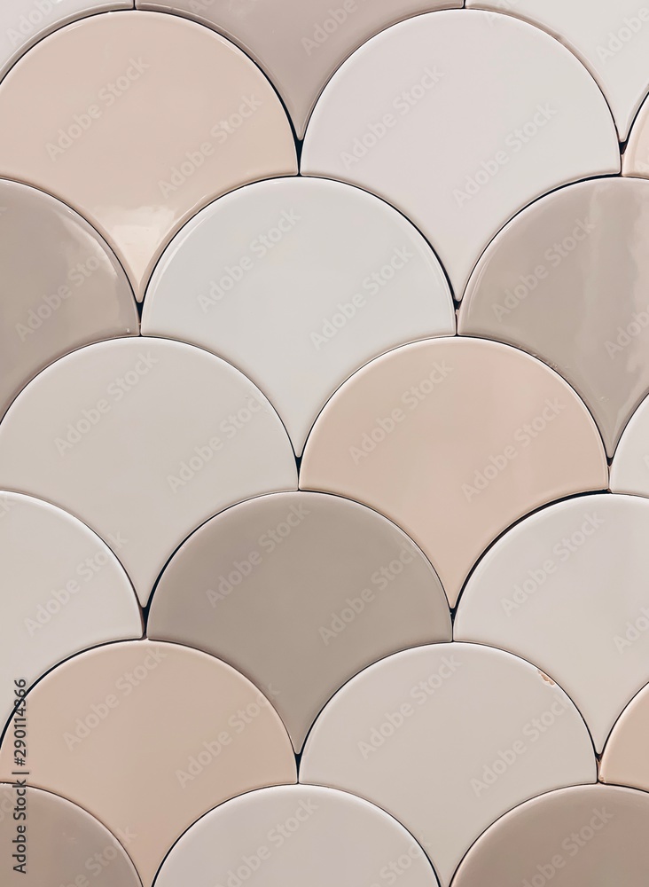 Obraz premium real photo of white, beige gray tiles Seamless surface design with fish scales ornament. Oriental traditional pattern with repeated mosaic. Tracery window wallpaper. 