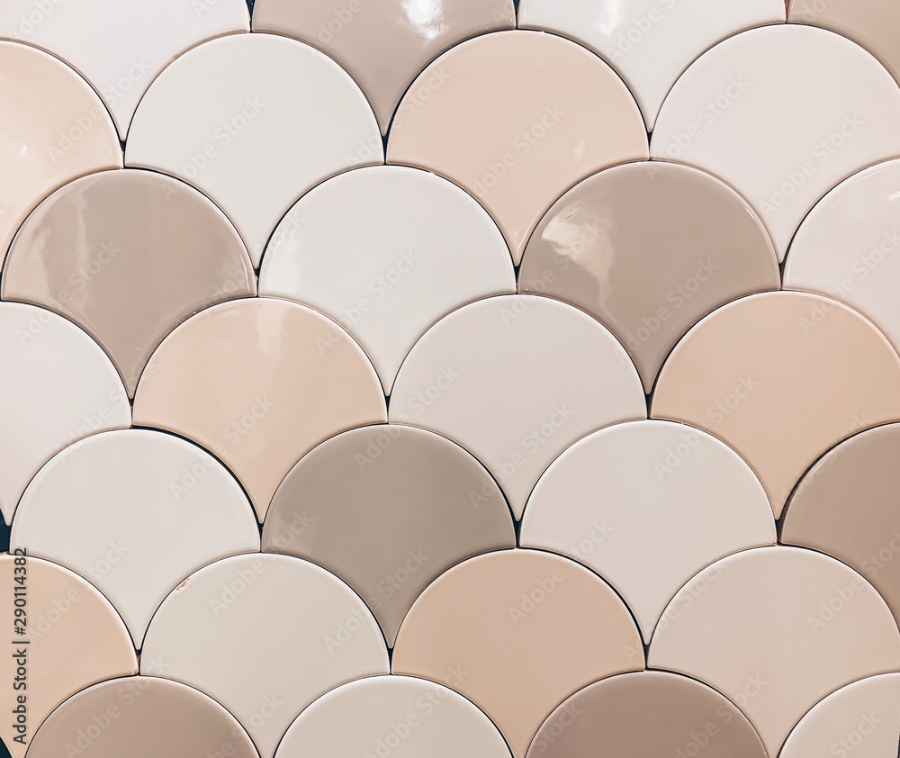 Obraz premium real photo of white, beige gray tiles Seamless surface design with fish scales ornament. Oriental traditional pattern with repeated mosaic. Tracery window wallpaper. 