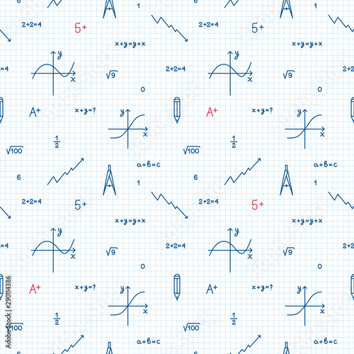 School, office seamless pattern for web pages, mobile applications. Image of mathematical formulas, graphs and numbers.