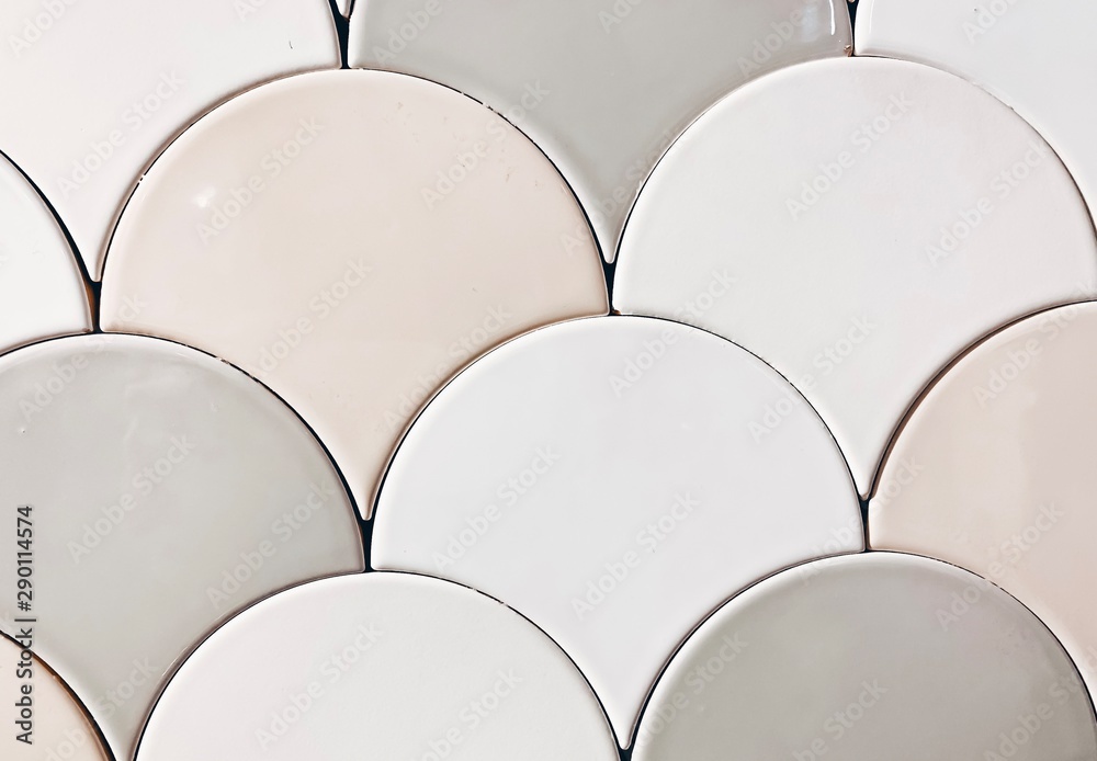 Fototapeta premium real photo of white, beige gray tiles Seamless surface design with fish scales ornament. Oriental traditional pattern with repeated mosaic. Tracery window wallpaper. 