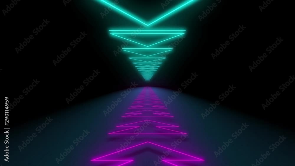 Abstract flight in a futuristic corridor with triangles and audio interface with a seamless loop, fluorescent ultraviolet light, colorful laser neon lines, endless geometric tunnel, blue pink spectrum