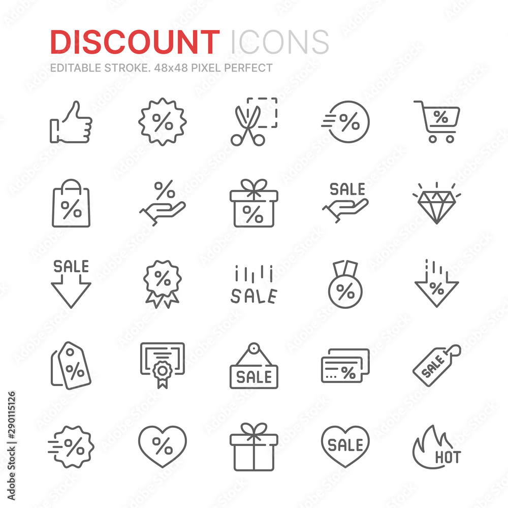 Collection of discount related line icons. 48x48 Pixel Perfect. Editable stroke