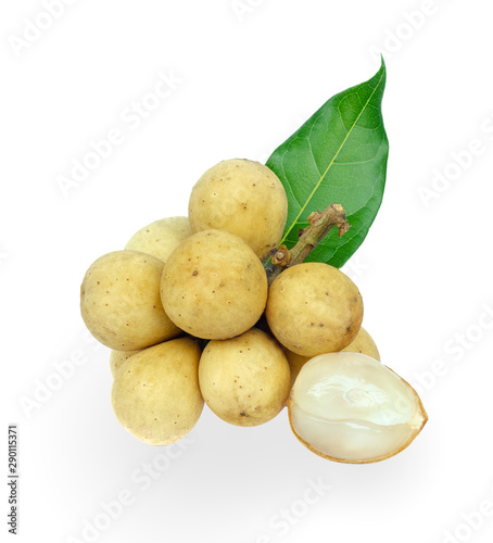 A bunch of longkong  one that is peeled and leaves. isolated on white background  with clipping path  Lansium domesticum or Lanzones tropical fruit