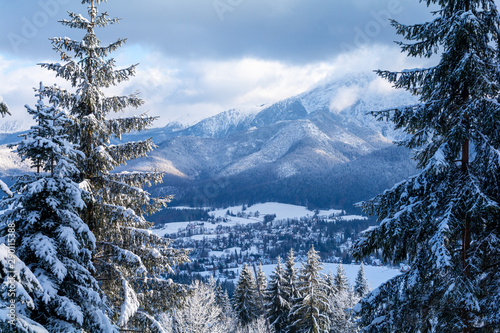 view on winter landscape of Tatra mountains from Zakopane in Poland