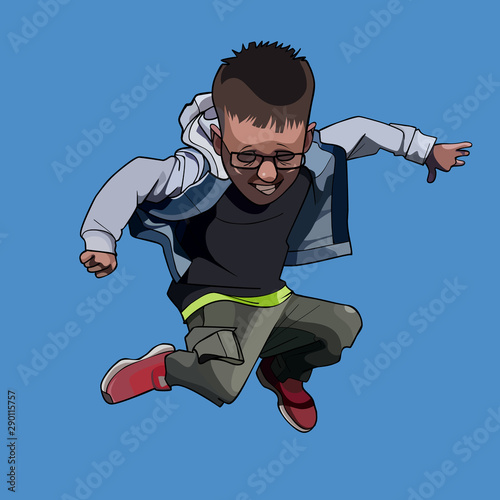 cartoon boy schoolboy in glasses bounces high