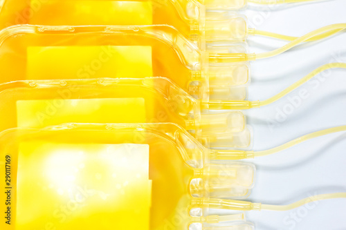 The platelets in the blood bag are on the white table.