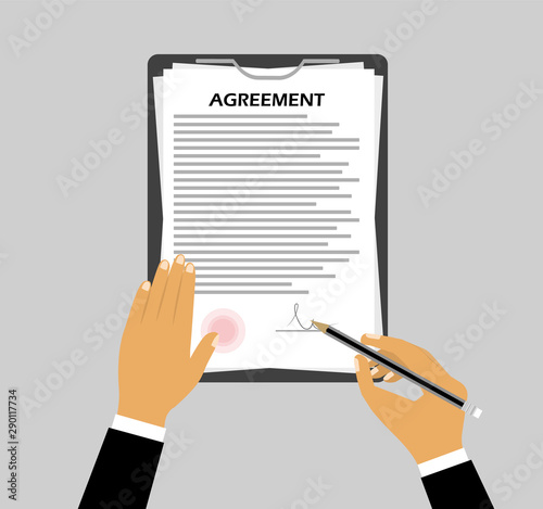 Signing an agreement in a flat style. Concept of hand sign a document.