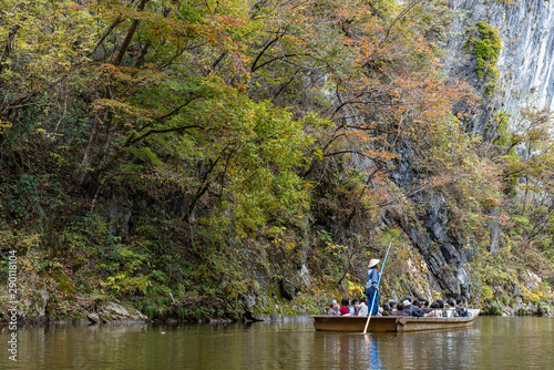 Geibikei Gorge River Cruises in Autumn foliage season. Beautiful scenery landscapes view in sunny weather day. Ichinoseki, Iwate Prefecture, Japan