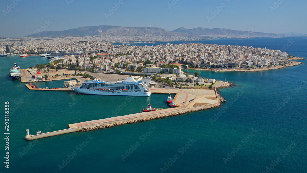 Aerial drone panoramic photo of busy port of Piraeus, the largest in Greece and one of the largest passenger ports in Europe, Attica, Greece 