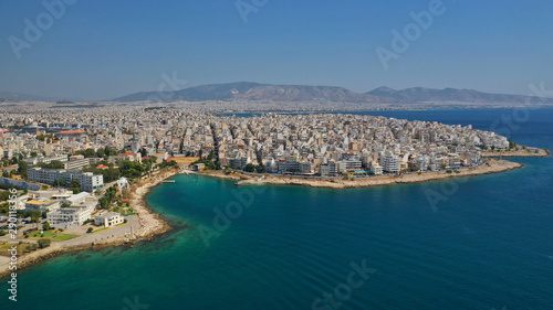 Fototapeta Naklejka Na Ścianę i Meble -  Aerial drone photo of famous seaside area of Piraeus - Piraiki or Freatida, Attica, Greece
