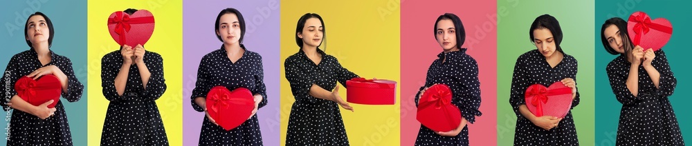 Photo set of young middle-eastern woman with gift box. Romantic giftbox Photo set of young middle-eastern woman with gift box. Romantic giftbox