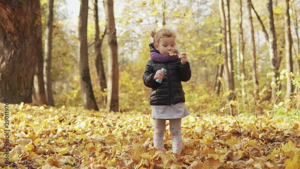 Little girl playing with soap bubbles outdoor in slow motion. Child playing in autumn park. Full length shot Little girl playing with soap bubbles outdoor in slow motion. Child playing in autumn park. Full length shot