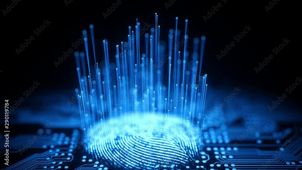 Fingerprint, printed circuit, releasing binary codes, microchip concept and data processing and digital identification.