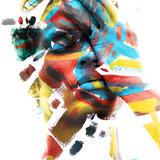 Paintography. Double exposure of an attractive male model with closed eyes and hand covering face combined with colorful hand drawn paintings