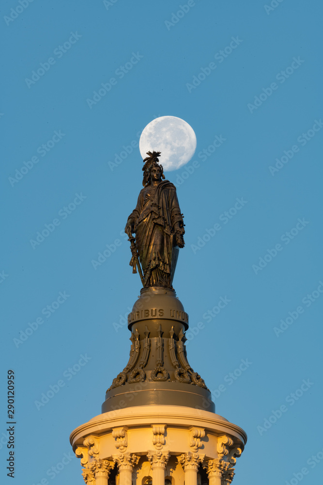 Freedom Statue and Moonset at the US Capitol