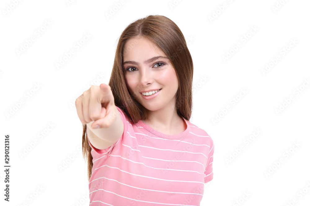 Young woman in pink t-shirt on white background Young woman in pink t-shirt on white background