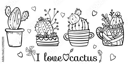 Cacti blooming with spikes. Coloring page for children and adults. - Vector. Vector illustration