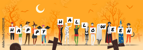 Group of teens in Halloween costume concept holding boards with text HAPPY HALLOWEEN on graveyard background , vector, illustration