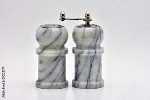 black and white marble salt shaker and matching pepper mill