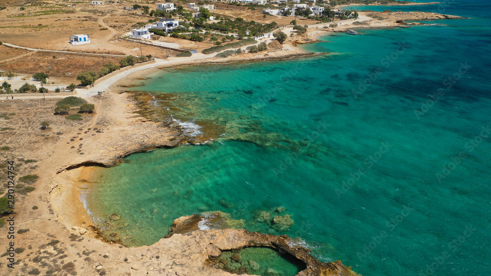 Aerial drone top view photo of beautiful volcanic rocky seascape with turquoise waters, Koufonisi island, small Cyclades, Greece