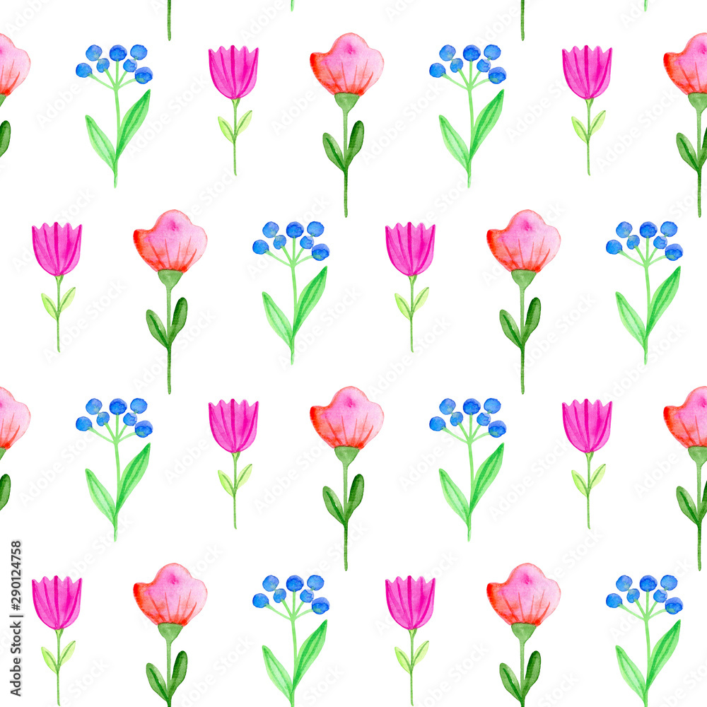 Watercolor pattern with pink and red flowers.