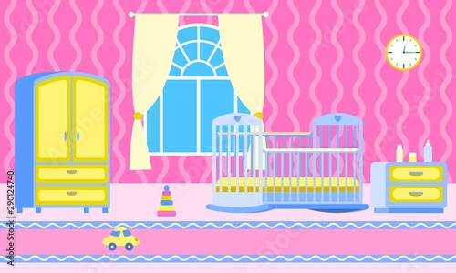 Baby girl room concept banner. Flat illustration of baby girl room vector concept banner for web design