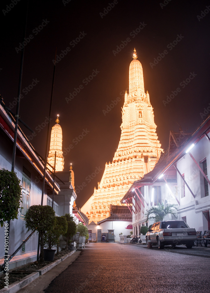 Wat Arun Temple at night in Bangkok, Thailand.
