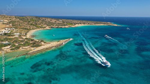 Aerial drone top view photo of beautiful volcanic rocky seascape with turquoise waters, Koufonisi island, small Cyclades, Greece