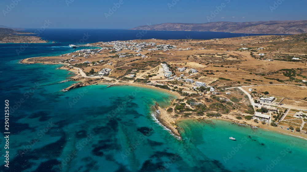 Obraz premium Aerial drone top view photo of beautiful volcanic rocky seascape with turquoise waters, Koufonisi island, small Cyclades, Greece
