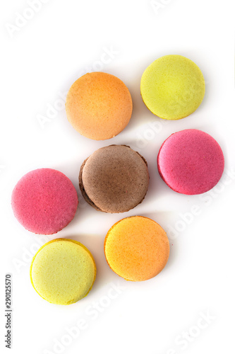 Set of colorful macaroons on isolated white background. Top view. Fresh multicolor macaroons.