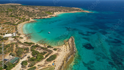 Aerial drone top view photo of beautiful volcanic rocky seascape with turquoise waters, Koufonisi island, small Cyclades, Greece