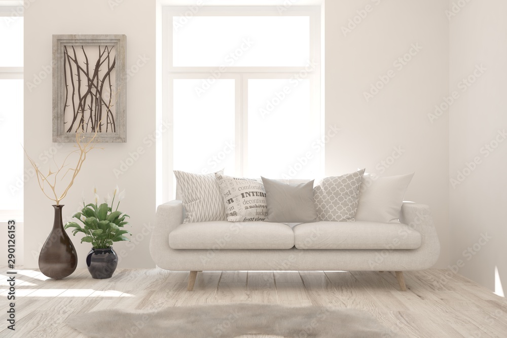 Fototapeta premium Stylish room in white color with sofa, vase and picture on a wall. Scandinavian interior design. 3D illustration