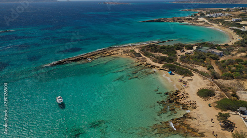 Fototapeta Naklejka Na Ścianę i Meble -  Aerial drone photo of iconic breathtaking turquoise sandy beach of Platia Pounta or Italida in famous island of Koufonissi, Small Cyclades, Greece