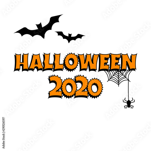 Greeting card for Halloween 2020. Bats, cobweb, spider. Vector illustration