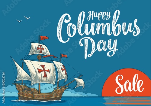 Sailing ship floating on the sea waves. Caravel Santa Maria.