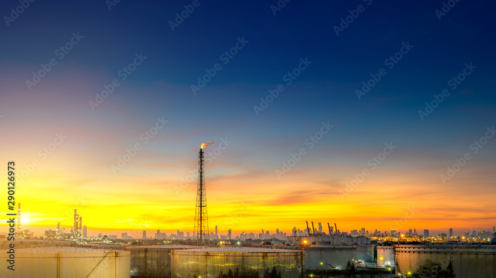 Panorama wide-angle Large oil and gas refinery industrial area and beautiful lighting at Twilight.