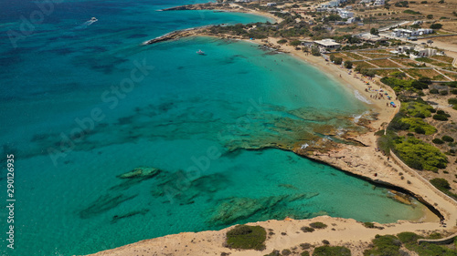 Aerial drone top view photo of beautiful volcanic rocky seascape with turquoise waters, Koufonisi island, small Cyclades, Greece