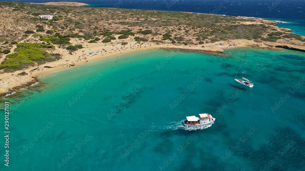 Aerial drone photo of iconic breathtaking turquoise sandy beach of Platia Pounta or Italida in famous island of Koufonissi, Small Cyclades, Greece