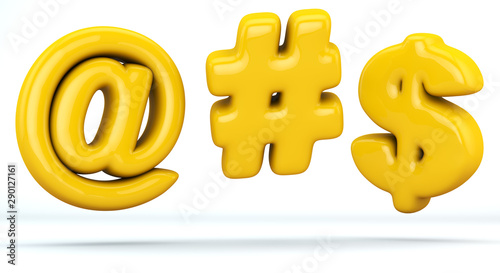 arroba sign, hashtag sign, dollar sign, glossy yellow. 3D render, isolated, real shadow and path save.