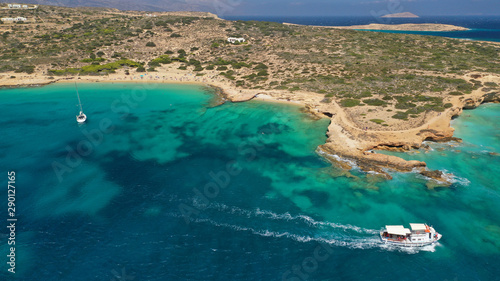 Aerial drone top view photo of beautiful volcanic rocky seascape with turquoise waters, Koufonisi island, small Cyclades, Greece